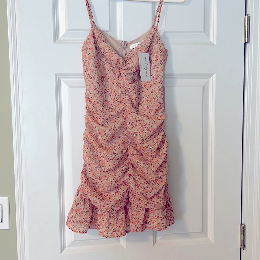 NWT Apricot floral ruched mini dress